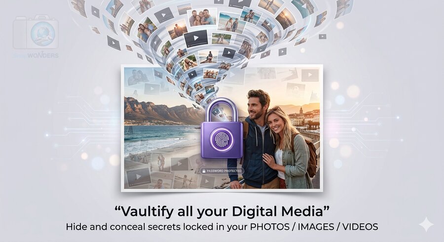 Photos and videos spiralling into a single image and locked with a password — Vaultify hides your files inside an ordinary photo or video