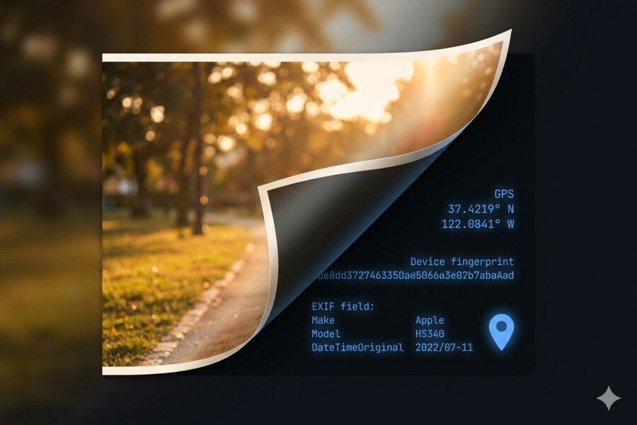 A photograph peeling back to reveal hidden forensic data — GPS coordinates, device fingerprint, and encoder metadata underneath