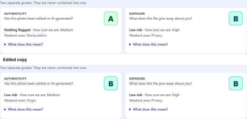 The two headline grades for the original photo (Authenticity A) and the edited copy (Authenticity B)