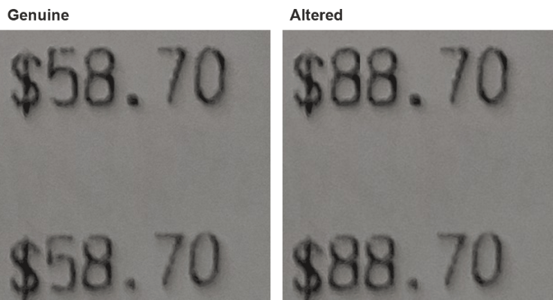 Close-up of the two totals: $58.70 on the genuine receipt, $88.70 on the altered copy