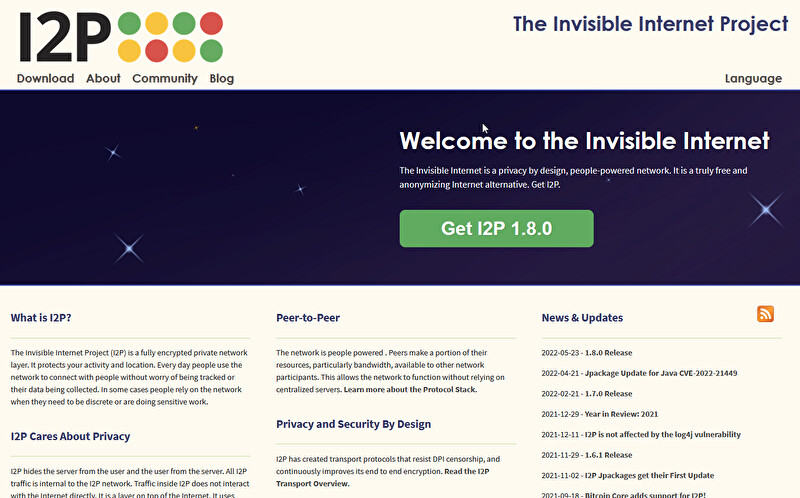 The I2P project website, headlined Welcome to the Invisible Internet, with a Get I2P download button