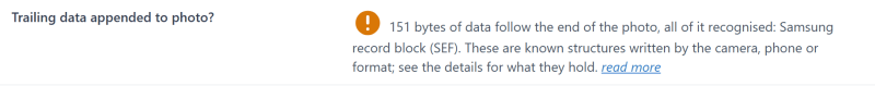 Report on the original: 151 bytes after the photo, all recognised as the phone's own record