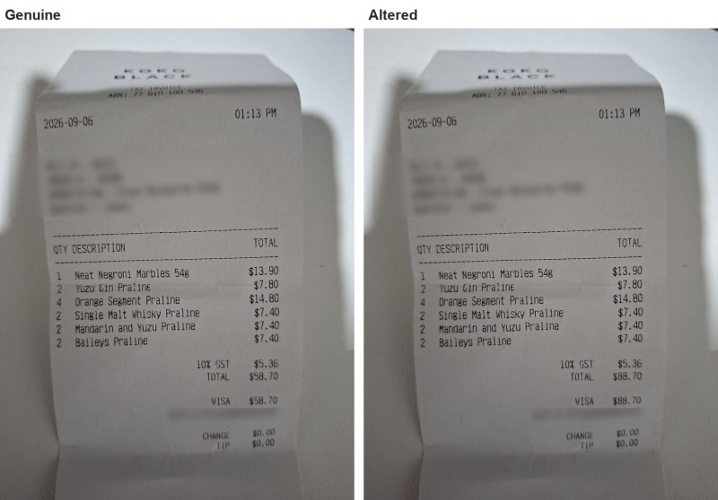 The genuine receipt and the altered copy side by side