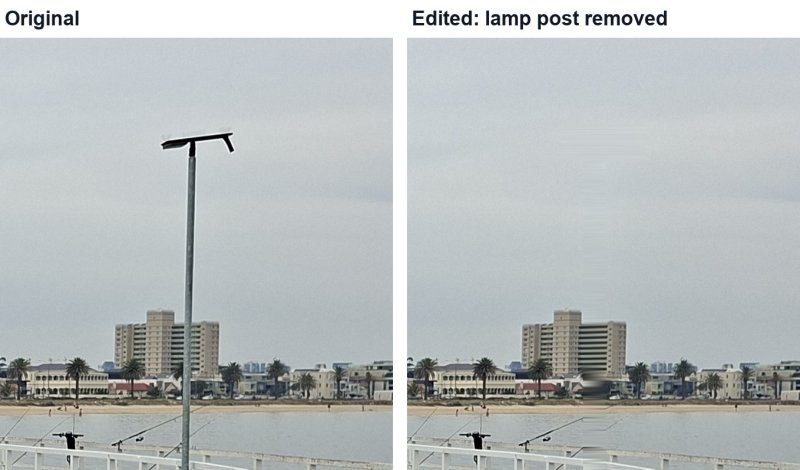 A pier in Melbourne with a lamp post, and the same photo with the lamp post removed