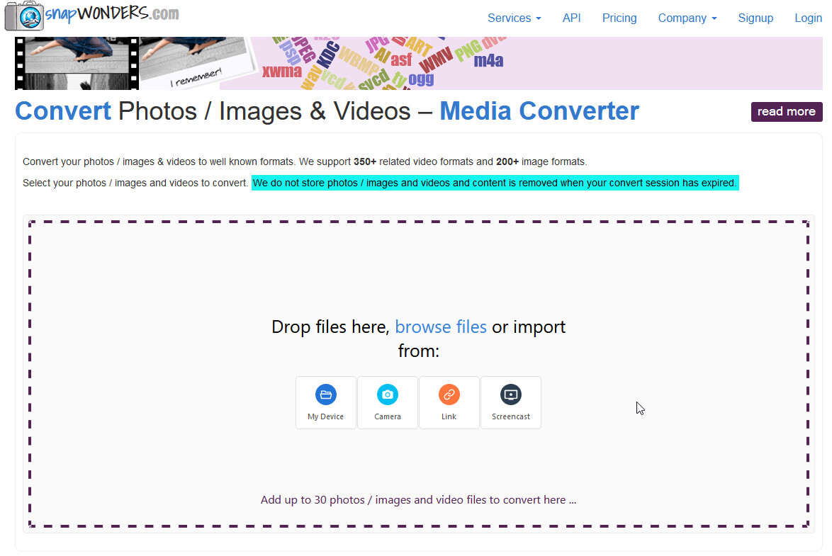 The rebuilt snapWONDERS upload panel on the media converter page, with a drop area and My Device, Camera, Link and Screencast import buttons