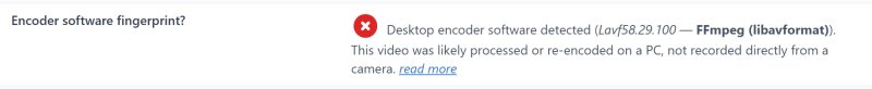 Report finding on the trimmed copy: desktop encoder software detected, FFmpeg