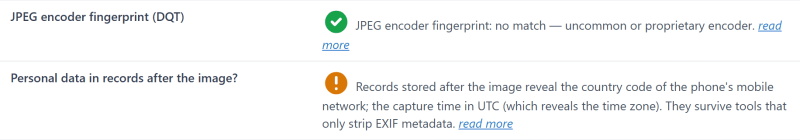 Report on the original: the JPEG encoder matches the phone camera, and the phone's records are present after the image
