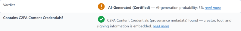 Report on the original: AI-Generated (Certified), and C2PA Content Credentials found