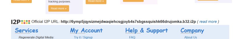 The snapWONDERS site footer showing the official I2P address above the Services, My Account, Help and Company columns