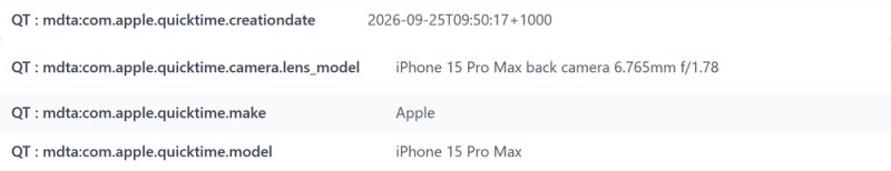Report on the original clip: the creation date with its time zone, the lens, and the make and model, Apple iPhone 15 Pro Max