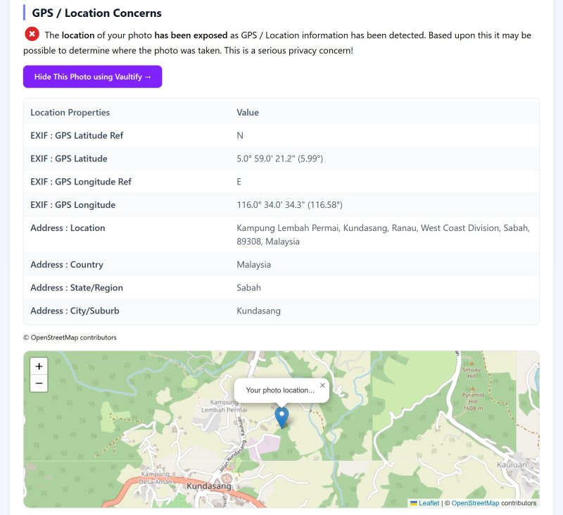 Report: the photo's GPS coordinates, an address in Kundasang, Sabah, Malaysia, and a map pin