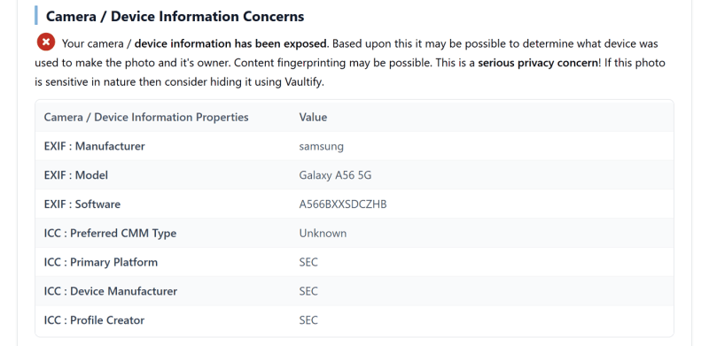 Before: the device information section listed the make and model together with the firmware build and four colour profile fields