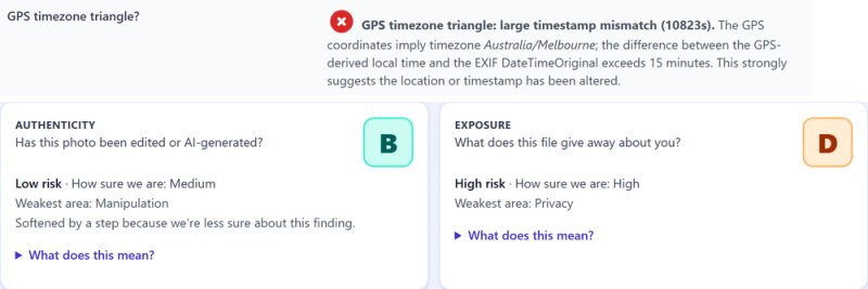 Report on the copy: large timestamp mismatch of 10823 seconds; Authenticity B, Exposure D