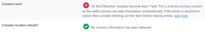 Report rows: at least one text found, and no location information detected
