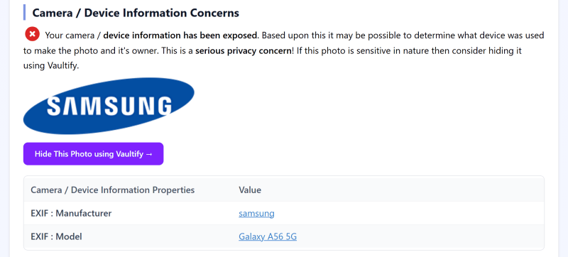 The report's device section: samsung, Galaxy A56 5G
