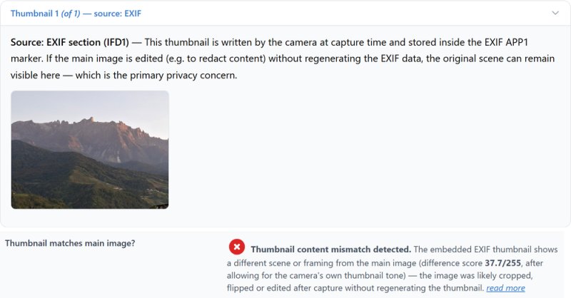 The report's thumbnail, still showing the pale sky, and a thumbnail content mismatch flagged with a difference score of 37.7