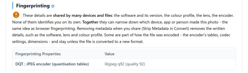 After Strip Metadata, the Fingerprinting section lists only the standard JPEG encoder
