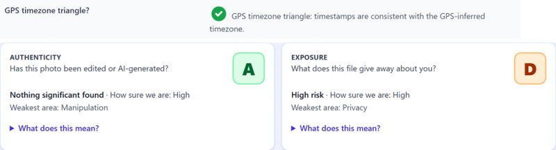 Report on the original: GPS timezone triangle consistent; Authenticity A, Exposure D