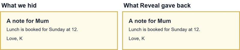The note we hid, and the note Reveal recovered: "A note for Mum. Lunch is booked for Sunday at 12."