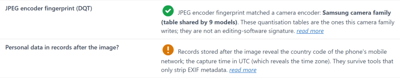 Report on the genuine photo: the JPEG encoder matches a Samsung camera, and the phone's records are present after the image