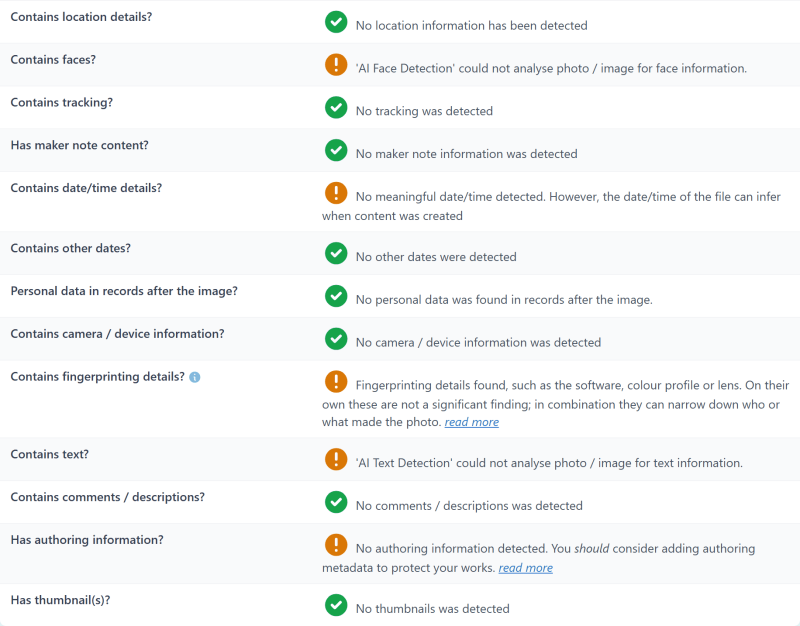 Privacy checks on the converted JPG: no tracking, location, date or camera details