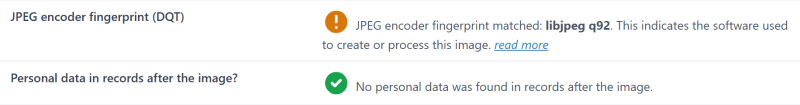 Report on the altered copy: the JPEG encoder is software (libjpeg), and no records remain after the image