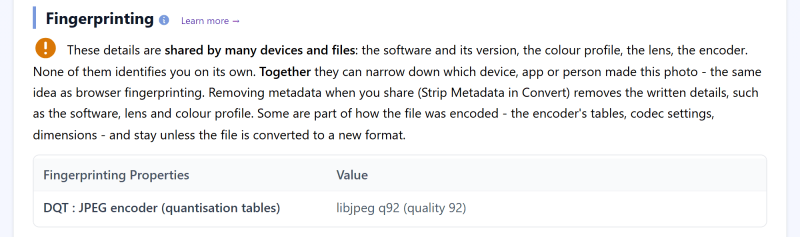 After Strip Metadata, the Fingerprinting section lists only the standard JPEG encoder