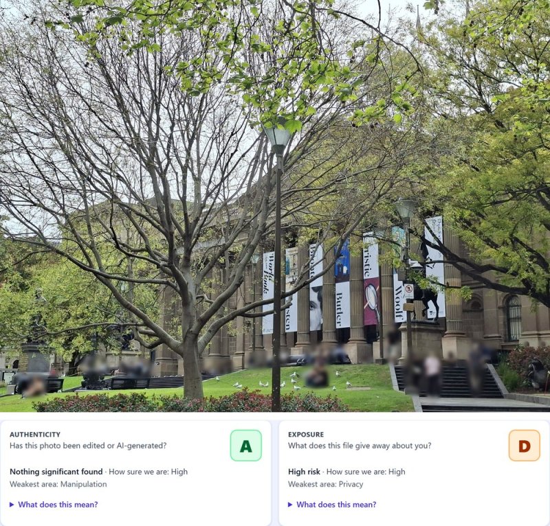 The State Library of Victoria behind trees, above the report grades Authenticity A and Exposure D