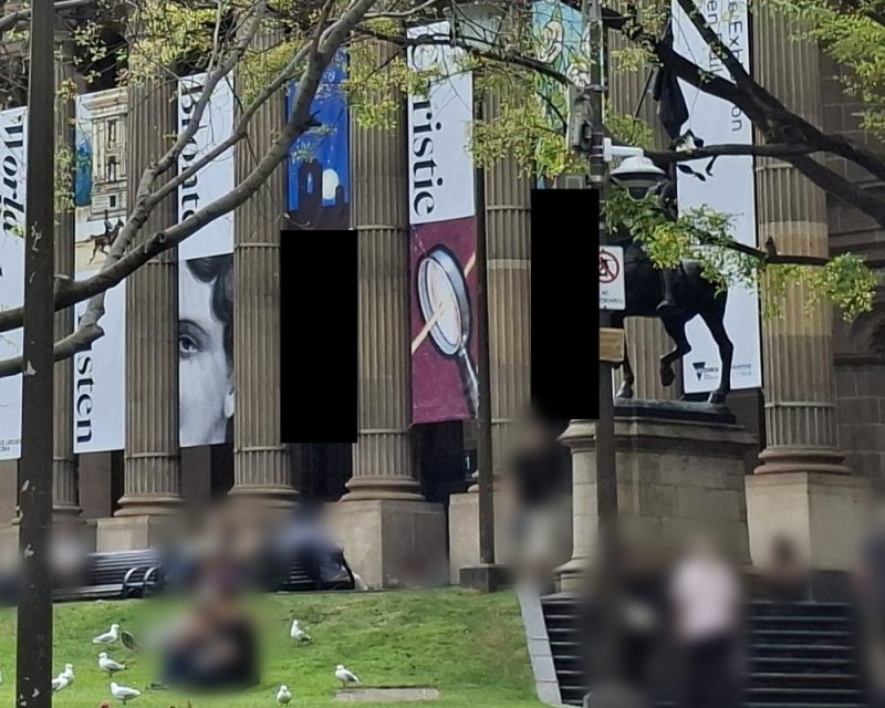 Library banners with two of them covered by black rectangles