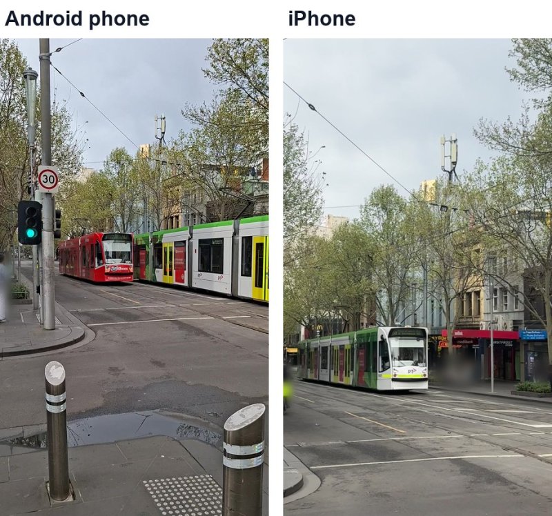 Still frames from the two clips: trams at a Melbourne stop, recorded on an Android phone and on an iPhone