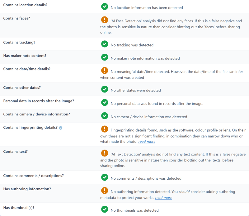 Privacy checks on the converted JPG: no camera details, maker notes, date or thumbnail