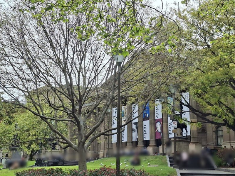 A library building behind trees, photographed on an Android phone