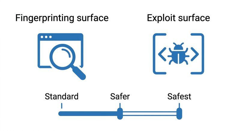 Two columns, fingerprinting surface and exploit surface, above a Standard/Safer/Safest dial