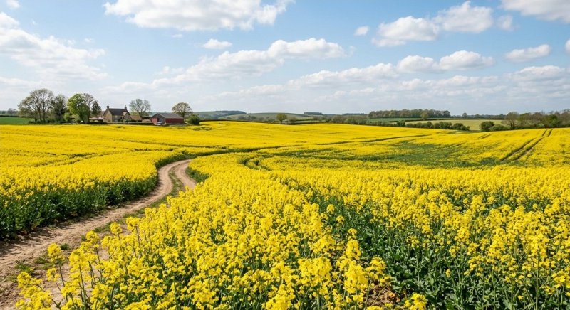 An image of canola fields with a dirt track and a farmhouse, generated by Google Gemini