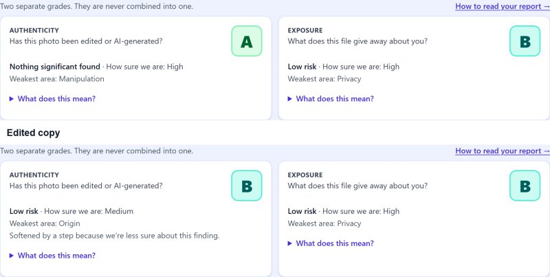 The two headline grades for the original photo (Authenticity A) and the edited copy (Authenticity B)