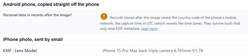 Report findings: the Android photo carries a record with the mobile network's country and the capture time; the iPhone photo names the exact camera and lens
