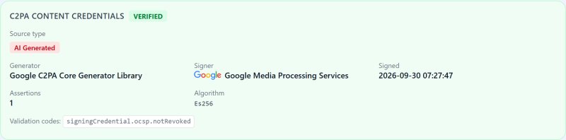 The Gemini image's Content Credentials: verified, source type AI generated, signed by Google Media Processing Services