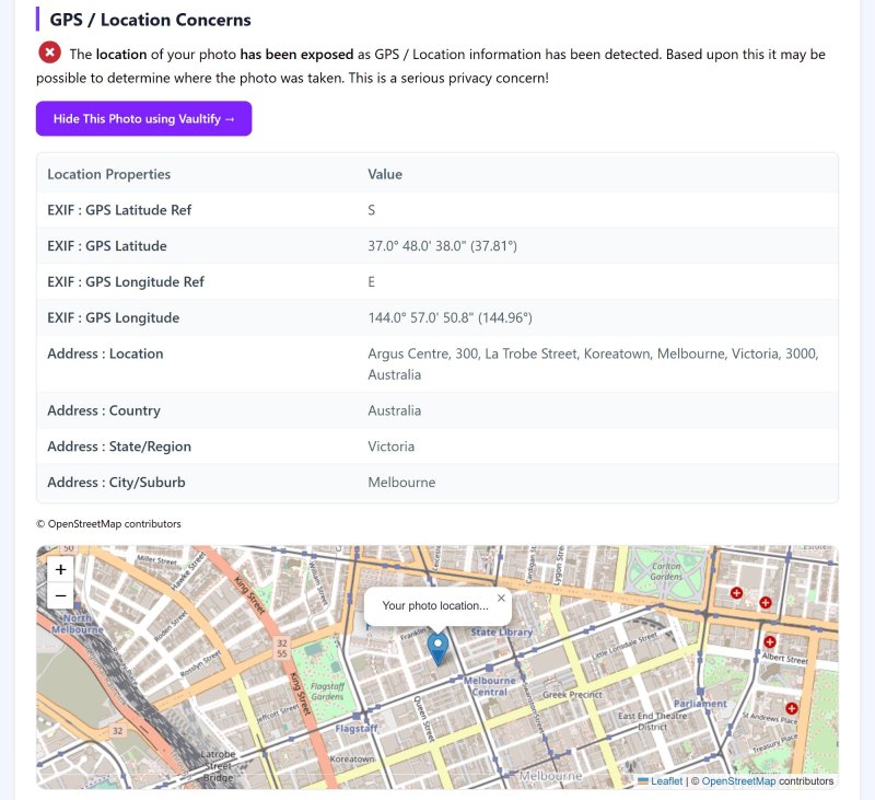 The report's location section: GPS coordinates, an address on La Trobe Street and a map pin