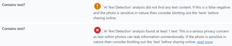 Report rows: no text found in the farm photo, at least one text found in the library photo
