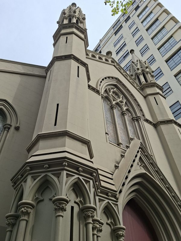 A Gothic church, photographed looking up from the street