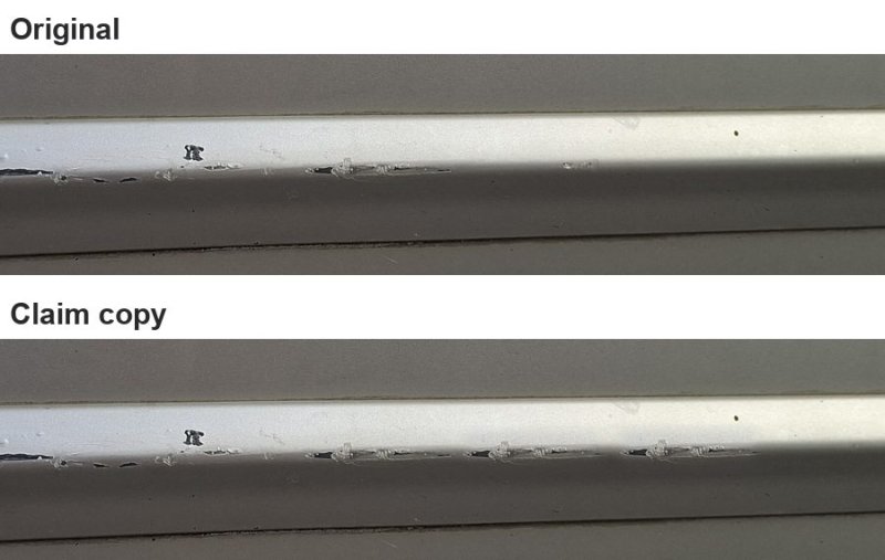 The original scratch, and the claim copy with the damage repeated along the trim