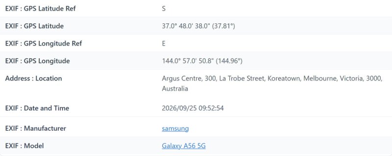 Report on the original: GPS coordinates, an address on La Trobe Street in Melbourne, the date and time, and the phone, a Samsung Galaxy A56