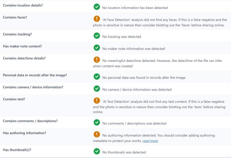 Privacy checks on the converted JPG: no location, tracking, date, camera details, comments or thumbnail