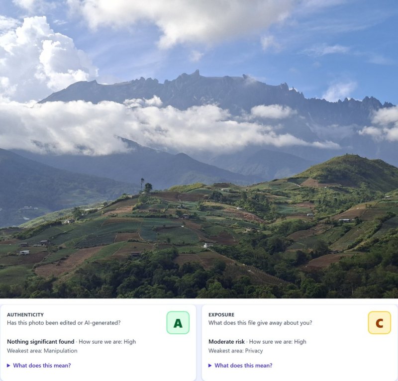 Farmland on the hills below Mount Kinabalu, above the report grades Authenticity A and Exposure C